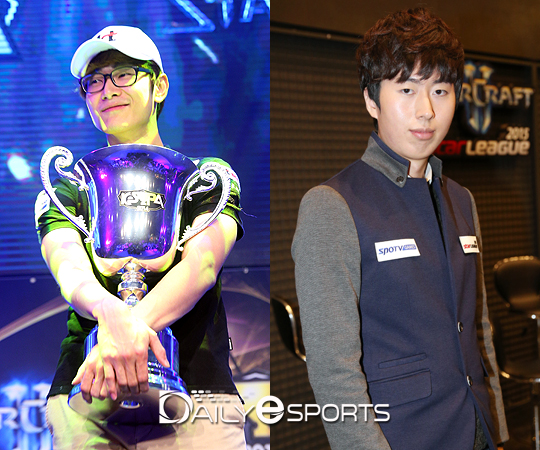 KeSPA컵 초대 챔피언 KT 주성욱(왼쪽)과 데드 픽셀즈 정명훈.