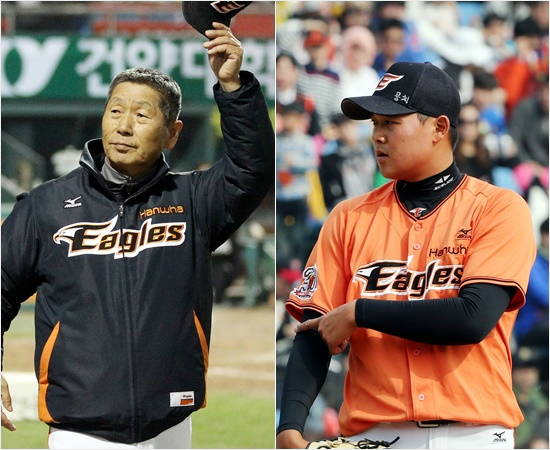 '굿바이~,창식'야신김성근감독(왼쪽)은올시즌전부터좌완유창식을선발요원을점찍고조련해왔지만결실을맺지못했다.결국유창식은고향팀KIA로이적하면서제2의프로인생을시작하게됐다.(자료사진=한화이글스)