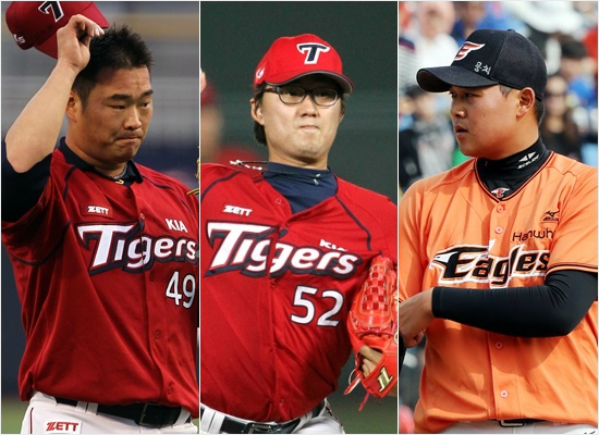 '대형신인잔혹사끊는다'KIA는6일한화좌완유창식(오른쪽)이이적해오면서2002년김진우(왼쪽),2006년한기주까지역대급신인몸값선수들이한자리에모이게됐다.(자료사진=KIA,한화)