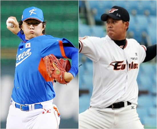 '창식아,너도태극마크달아야지'2008년베이징올림픽당시대표팀에서뛰었던KIA한기주(왼쪽)과아직병역문제를해결하지못한한화유창식.(자료사진=노컷뉴스,한화)