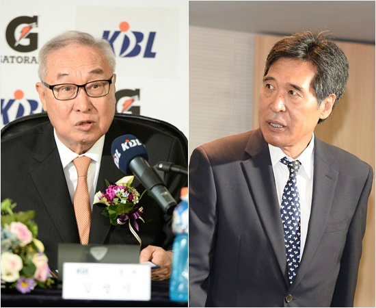 '남탕이나여탕이나도찐개찐?'2014-2015시즌여론의질타를받았던김영기KBL총재(왼쪽).오른쪽사진은지난해7월김총재의취임식에참석한신선우WKBL사무총장의모습.(자료사진=KBL)