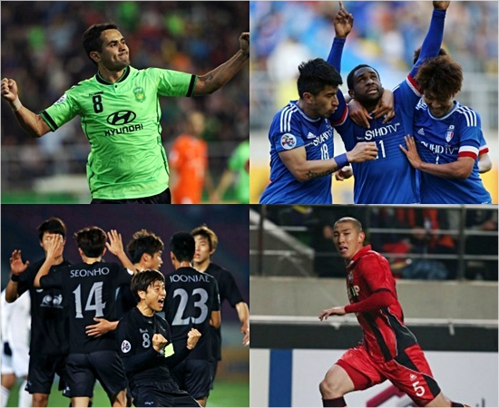 전북현대와수원삼성,FC서울,성남FC(왼쪽상단부터시계방향)까지2015아시아축구연맹(AFC)챔피언스리그에출전한K리그클래식의4팀은모두16강진출에성공했다.K리그가16강까지전원생존한것은5년만이다.(자료사진=한국프로축구연맹)