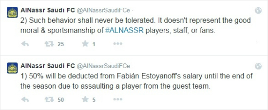 사우디아라비아프로리그알나스르는레퀴야(카타르)와아시아축구연맹(AFC)챔피언스리그조별예선6차전에서1-3으로패한뒤라커룸으로향하던상대선수남태희를폭행한소속선수파비안에스토야노프의임금을시즌종료까지50%삭감하기로했다.(자료사진=알나스르공식트위터)