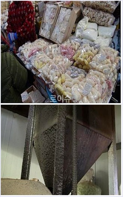 ▲무표시제품진열ㆍ판매,청소가되지않아그을음묻은제조기계.(사진제공=부산특사경)