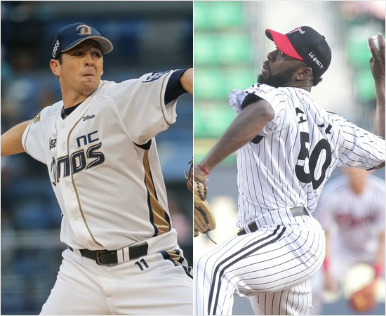 '찰리와초콜릿소사'LG헨리소사(오른쪽)가13일NC와홈경기에서경기후반까지마운드를지킨가운데NC찰리쉬렉은1회도채우지못하고강판해대조를이뤘다.(잠실=LG,자료사진=NC)