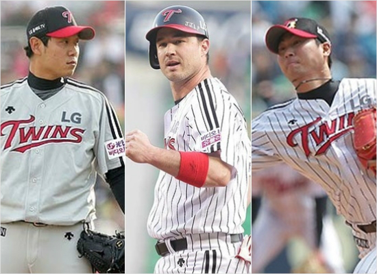 '반가운지원군들'부상을털고최근복귀한LG류제국-잭한나한-우규민(왼쪽부터)은LG반등의한축의될것으로기대를모은다.(자료사진=LG)