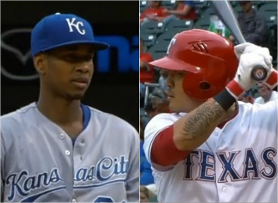 '오늘느낌좋았는데...'14일(한국시각)캔자스시티영건요다노벤추라(왼쪽)에게1회선제솔로홈런을날린텍사스추신수.(사진=MLB.com중계화면캡처)