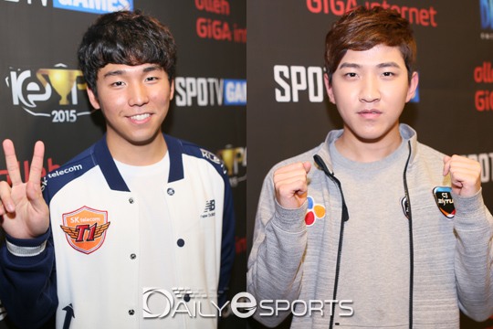 프로리그 3라운드 2주차에서 대결하는 SK텔레콤 박령우(왼쪽)와 CJ 김준호.