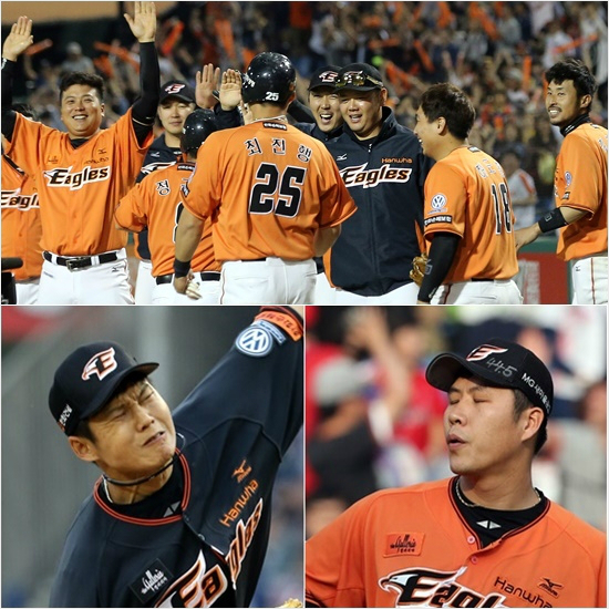 '마리한화마음껏즐기세요'한화는17일넥센과홈경기에서연장10회말짜릿한끝내기승리(위)를거두는등연일극적인승부로야구판을뜨겁게달구고있지만권혁(오른쪽),박정진등불펜필승조의부담이크다는위험요소를지적받고있다.(자료사진=한화이글스)