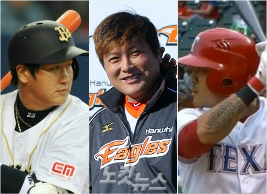 '세친구환율비교?'일본과한국미국무대에서활약중인33살동갑내기소프트뱅크이대호,한화김태균,텍사스추신수.(자료사진)