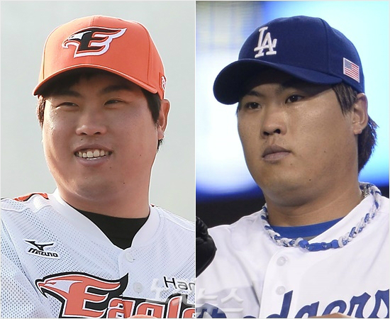 'KBO와MLB의차이?표정에서나타난다?'류현진은한화시절(왼쪽)직구와체인지업만으로도KBO리그정상을군림했다.그러나다저스에서는커브와슬라이더등다양한구질을연마하고구속을끌어올리는등끊임없이노력했다.(자료사진=황진환,임종률기자)