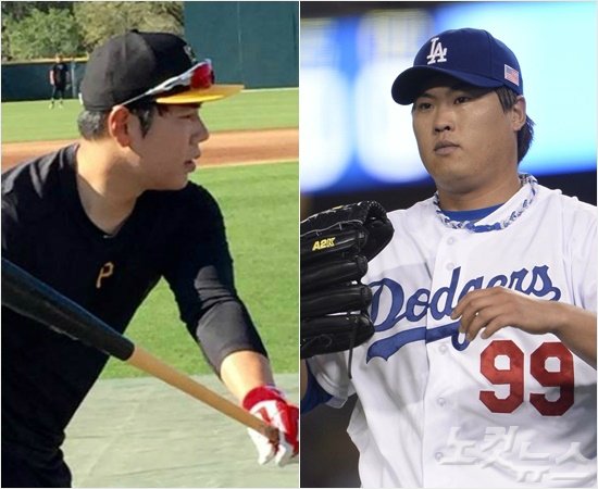'한번붙어보고싶었는데...'올해피츠버그입단으로빅리그에진출한강정호(왼쪽)는2년전이미미국으로건너간28살동갑내기LA다저스류현진과맞대결이기대됐지만수술을앞둔류현진의상황에3년만의조우가무산되게됐다.(자료사진=피츠버그홈페이지,노컷뉴스)