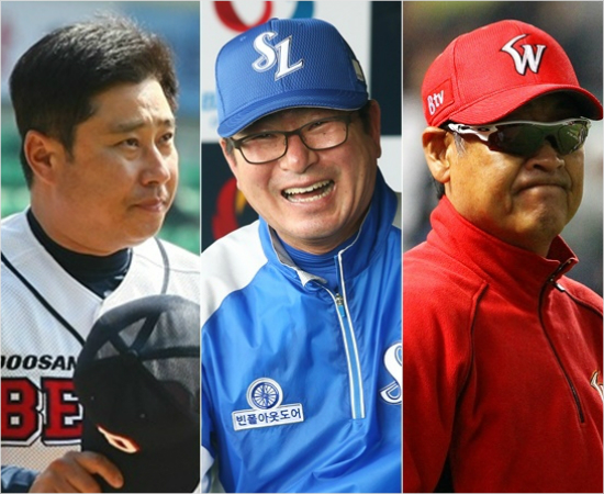 '어디다시웃어보시지요'올시즌물고물리는천적관계조짐을보이고있는두산김태형(왼쪽부터)-삼성류중일-SK김용희감독.(자료사진=각구단)