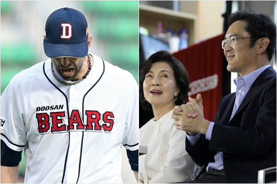 '엇갈린희비'지난21일두산은삼성킬러에이스더스틴니퍼트(왼쪽부터)를투입했지만홍라희-이재용등모기업수뇌부가원격지원한삼성에패배를안았다.(자료사진=두산,삼성)