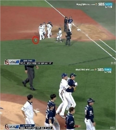 27일NC-두산의마산경기에서NC해커에게누군가공을던진장면(위)과두산장민석을NC지석훈이말리는모습.(아래,사진=SBS스포츠화면캡처)