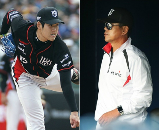 '혼나면서크는거지'조범현감독(오른쪽)의애정어린질책속에28일LG원정에서데뷔후최고의투구를펼친케이티좌완정대현.(자료사진=케이티위즈)