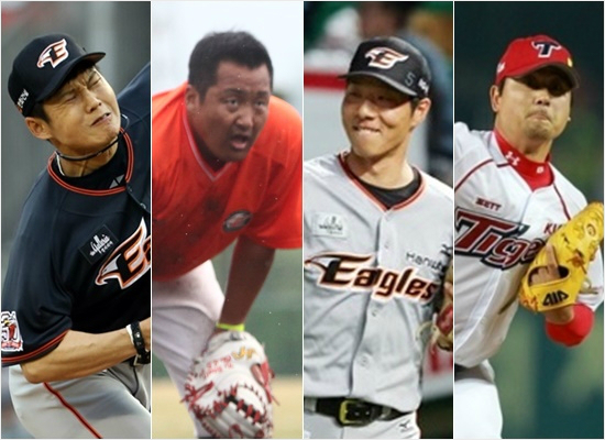 '힘들어도웃지요'한화베테랑3인방박정진(왼쪽부터)-조인성-권용관과올해KBO리그최고령투수최영필.(자료사진=한화,KIA)