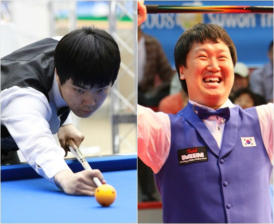 '선배님,감사합니다'고(故)김경률(오른쪽)의뒤를이어역대최연속국내랭킹1위에오른김행직.(자료사진=대한당구연맹)