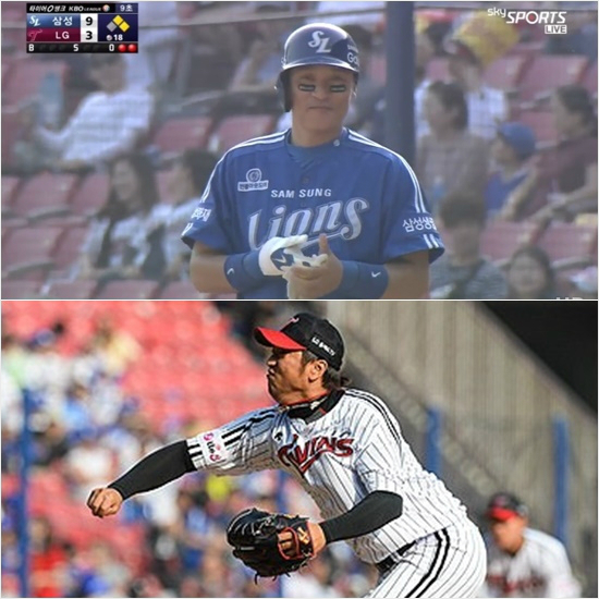 '승현아,네가무슨잘못이겠니'삼성이승엽(위)이31일LG전에서9회고의성볼넷을얻어낸뒤1루에서쓴웃음을짓는모습과LG투수신승현의투구모습.(사진=중계화면캡처,LG트윈스)