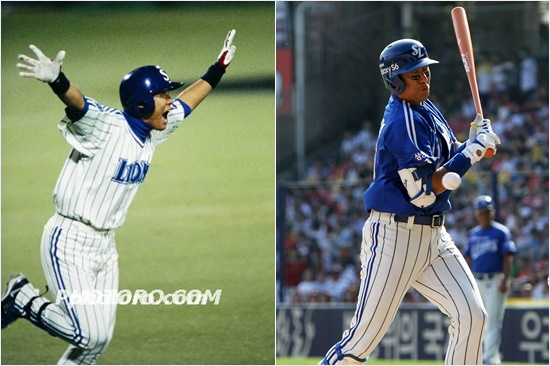 '맞을바엔맞힌다?'삼성이승엽이지난2002년한국시리즈6차전에서9회말극적인동점3점홈런을날린뒤환호하는모습(위)과31일LG전에서8회상대신재웅의공에몸을맞는모습.(자료사진=삼성)