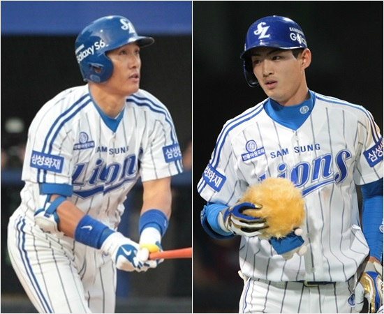 '꼭선배처럼될래요'3일포항롯데전에서나란히홈런포를쏘아올린이승엽(왼쪽)과'리틀이승엽'구자욱.(자료사진=삼성)
