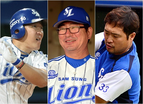'나보고어쩌라고'4일경기전전날1000안타를때려낸삼성최형우(왼쪽부터)를칭찬하던류중일감독은박한이의원망을들어야했다.(자료사진=삼성)