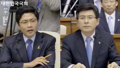 ▲8일국회인사청문회에서만난김광진의원과황교안장관(우)