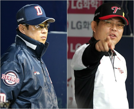 '비는누구편?'11일잠실맞대결을앞두고비예보에대해상반된반응을보인김태형두산(왼쪽),양상문LG감독.(자료사진=두산,LG)