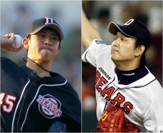 '두산신인왕듀오'2007년1차우선지명입단동기로각각07년과09년신인왕에올랐던두산임태훈(오른쪽)과이용찬.(자료사진=두산)