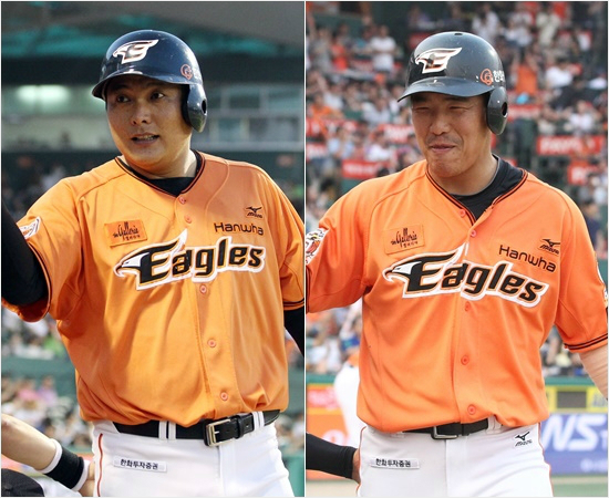 '친구야,고맙다'6월들어나란히3할후반대의고타율을보이며맹활약하고있는한화중심타자김태균(왼쪽)과정근우.지난주둘은22타점을합작하며한화의5승1패상승세를이끌었다.(자료사진=한화이글스)