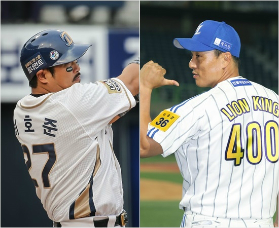 '40에400홈런이에요'올해프로야구에서40대열풍을일으키고있는삼성이승엽(오른쪽)과NC이호준.(자료사진=삼성,NC)