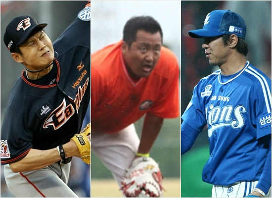 '힘들어죽겠지만...'올해프로야구올스타전팬투표1차집계에서1위를달린한화불펜박정진(왼쪽부터),포수조인성,삼성마무리임창용.(자료사진=각구단)