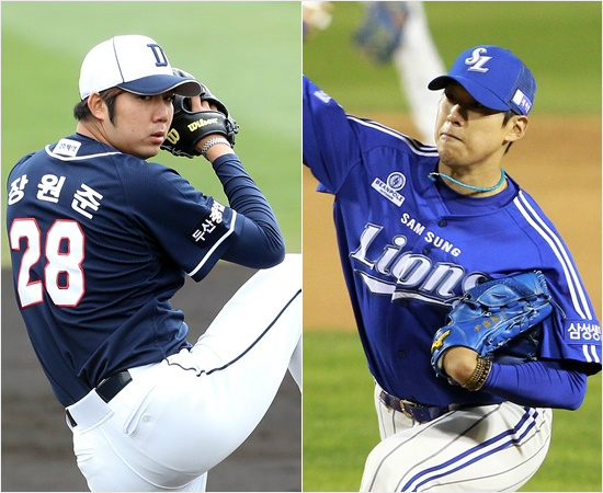 '지존을가리자'역대투수몸값랭킹2,3위인두산장원준(왼쪽)과삼성윤성환이16일대구에서선발격돌한다.(자료사진=두산,노컷뉴스)