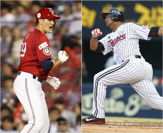 '우리는달라요'LG새외국인타자루이스히메네스(오른쪽)가18일KIA와홈경기에서KBO리그데뷔홈런을쏘아올리고있다.왼쪽사진은KIA브렛필이대타로나와동점적시타를날린뒤주먹을불끈쥐는모습.(잠실=LG,KIA)