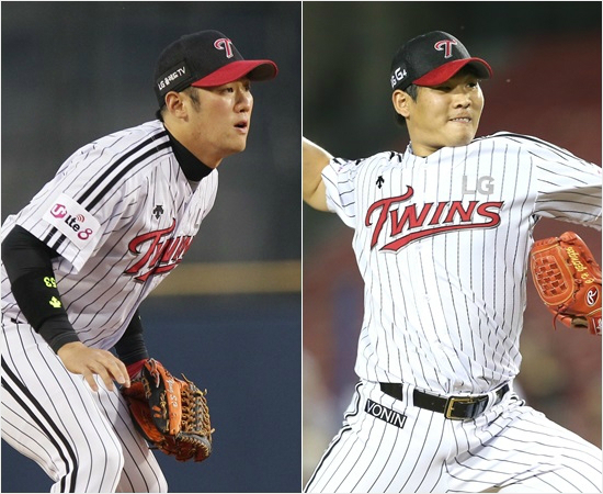 18일KIA와홈경기에서재치있는수비로상대흐름을끊은LG내야수양석환(왼쪽)-투수정찬헌.(자료사진=LG)