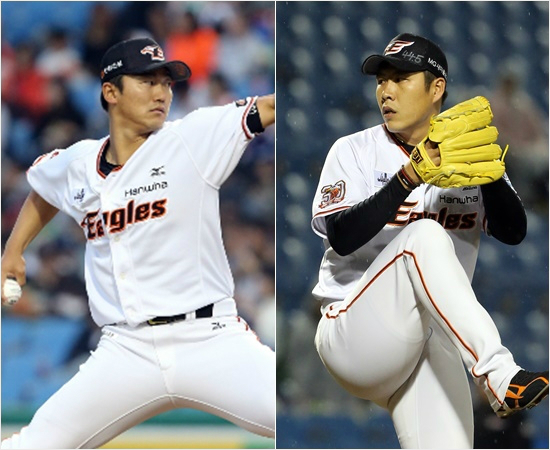 '연패는내가끊는다'팀이4연패에빠진가운데21일NC와마산원정에선발중책을안고등판하는우완안영명(왼쪽)과불펜대기하는좌완권혁.(자료사진=한화)