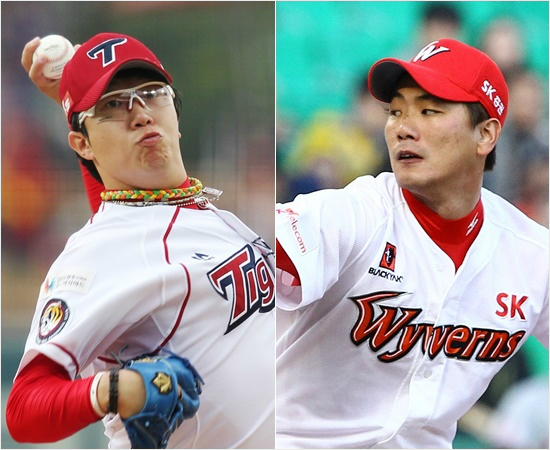 '친구야,올해는다를거야'KIA양현종은21일케이티와경기에서7이닝무실점쾌투로8승째를따내는등(왼쪽)올해평균자책점1위를질주하며나란히메이저리그재도전을노리는친구SK김광현(오른쪽)에근소하게앞서는모양새다.(자료사진=KIA,SK)
