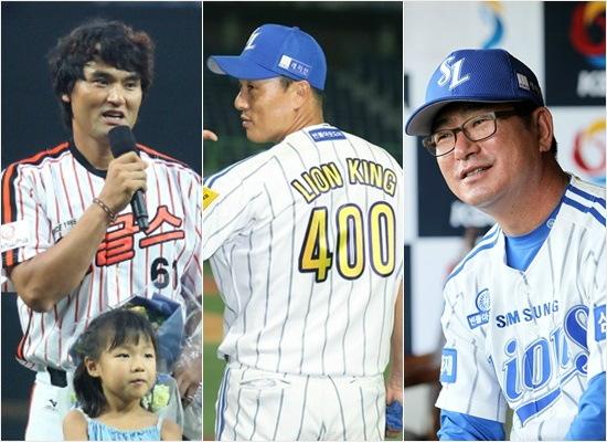 '400홈런대단해'한국프로야구사상최초로400홈런을달성한삼성이승엽(가운데)에대한존경심의표현으로기부릴레이에동참한박찬호(왼쪽)과류중일삼성감독.(자료사진)