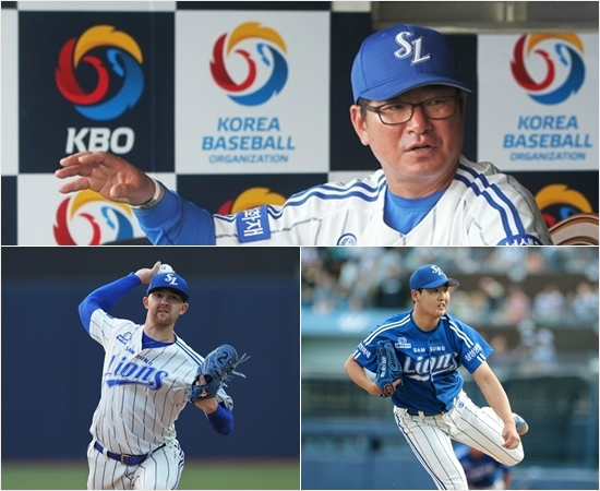 "얼릉돌아오소."삼성류중일감독(위)과출산휴가를떠난타일러클로이드(왼쪽아래),컨디션난조로2군에내려간장원삼.(자료사진=삼성라이온즈)