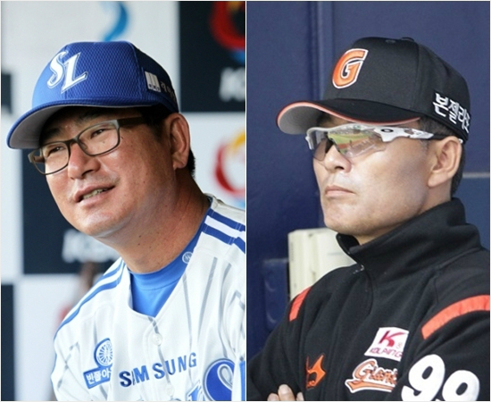 "비가고맙네."우천취소가반가운삼성류중일감독(왼쪽)과롯데이종운감독.(자료사진=롯데자이언츠)
