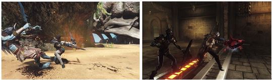 직업별 스킬 사용 장면(좌) 템페스트, (우)소울브레이커