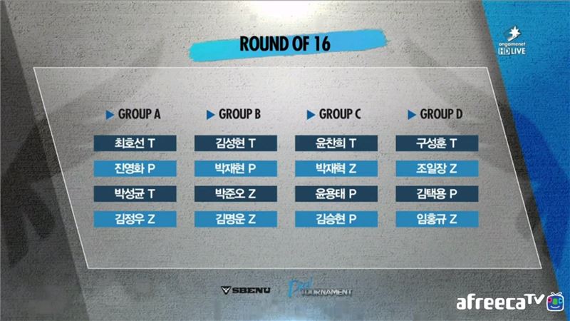 스베누 스타리그 시즌2 16강 조편성 결과.(사진=아프리카TV 생중계 캡처)