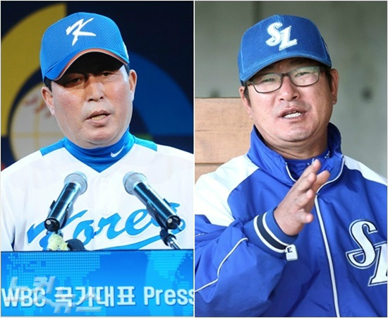 '감독님,미안합니다'오는11월열릴2015프리미어12야구대표팀사령탑에선임된김인식감독(왼쪽)과류중일삼성감독.(자료사진=노컷뉴스,삼성)