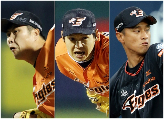 "승리를지키지못했어."한화필승조인권혁(왼쪽부터),박정진,윤규진.(자료사진=한화이글스)