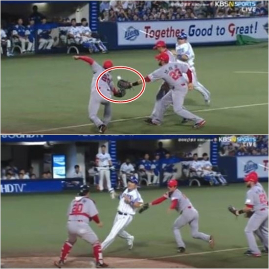 '모두속아넘어갔던장면'9일삼성-SK의대구경기4회말2사2루상황에서나온박석민의내야안타를SK1루수브라운이잡고있는장면(위)과이후홈으로뛰어드는삼성최형우를SK투수김광현이공없이태그하는장면.(아래,자료사진=KBSN스포츠중계화면캡처)