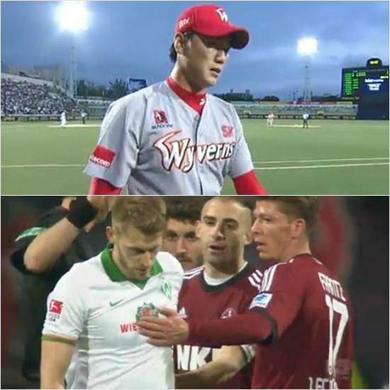 '같은표정,다른느낌?'SK김광현이9일삼성과대구원정4회말수비를마치고무언가불편한기색으로더그아웃으로들어오는모습(왼쪽)과지난해분데스리가에서양심선언으로페널티킥번복을이끌어낸아론훈트(아래왼쪽)가상대팀선수들의격려를받는모습.(자료사진=스포티비,유투브화면캡처)