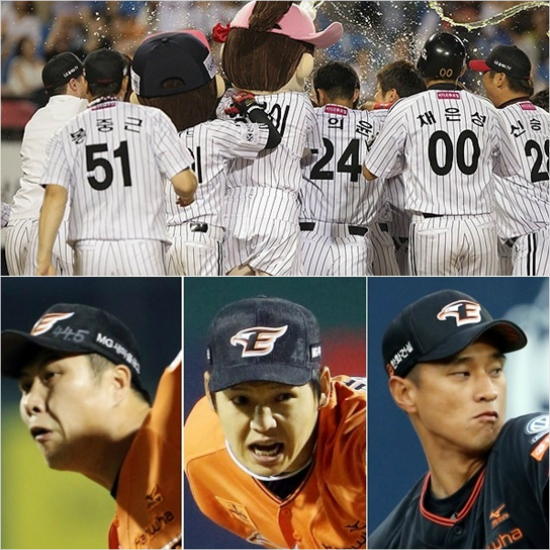 '3연승이냐,연패탈출이냐'9일롯데와홈경기에서연이틀끝내기승리를거두고기뻐하는LG선수들(위)과9일두산전에서4점차리드를지키지못한한화필승조권혁-박정진-윤규진.(아래왼쪽부터,자료사진=LG,한화)