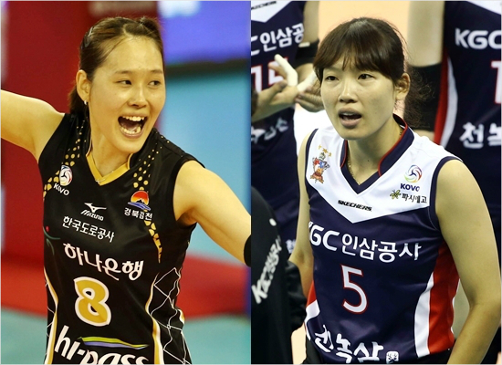 V-리그여자부를대표하는리베로임명옥(왼쪽)과김해란은각각2004년과2002년데뷔후처음으로맞트레이드를통해새로운팀에서활약하게됐다.(자료사진=발리볼코리아닷컴)