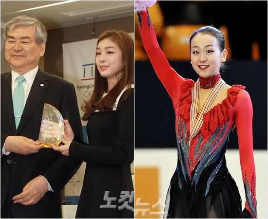 '한일올림픽의미래는?'평창올림픽조양호조직위원장(왼쪽부터)이김연아를홍보대사로위촉하는모습과최근현역복귀의사를밝히면서평창올림픽출전에대한관심이커지고있는일본피겨스타아사다마오.(자료사진=황진환기자)