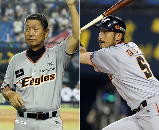 '감독님,특타한번더해요'30일잠실두산전에서동점과역전결승타를날린한화김경언(오른쪽)은부족한타격감을채울방법을김성근감독과특타를꼽았다.(잠실=한화이글스)